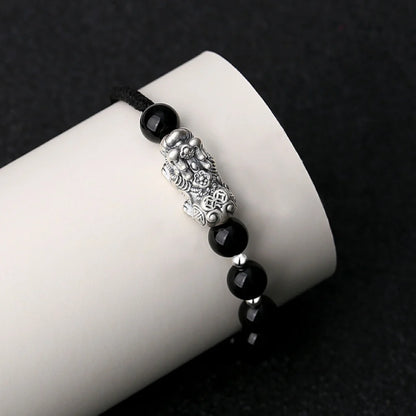 Oriental Treasure Chinese Pi Xiu Bracelet Wealth Accumulation Natural Black Obsidian Bracelet 999 Sterling Silver Protection Adjustable Bracelet for Men/Dad/Boys