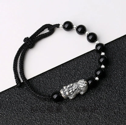 Oriental Treasure Chinese Pi Xiu Bracelet Wealth Accumulation Natural Black Obsidian Bracelet 999 Sterling Silver Protection Adjustable Bracelet for Men/Dad/Boys