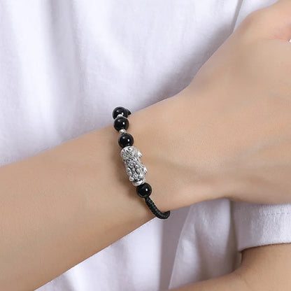 Oriental Treasure Chinese Pi Xiu Bracelet Wealth Accumulation Natural Black Obsidian Bracelet 999 Sterling Silver Protection Adjustable Bracelet for Men/Dad/Boys