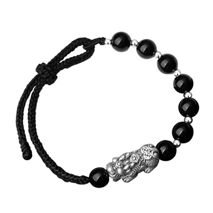 Oriental Treasure Chinese Pi Xiu Bracelet Wealth Accumulation Natural Black Obsidian Bracelet 999 Sterling Silver Protection Adjustable Bracelet for Men/Dad/Boys