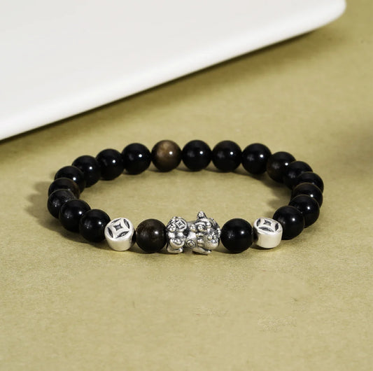 Bracelet Chinois Pi Xiu Trésor Oriental Accumulation de Richesse Obsidienne Noire Naturelle Bracelet en Argent Sterling 999 Protection Réglable pour Hommes/Papa/Garçons
