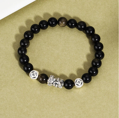 Oriental Treasure Chinese Pi Xiu Bracelet Wealth Accumulation Natural Black Obsidian Bracelet 999 Sterling Silver Protection Adjustable Bracelet for Men/Dad/Boys