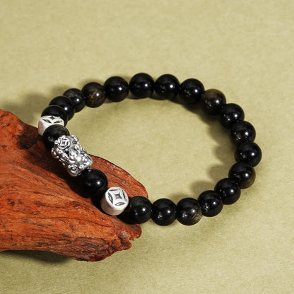 Oriental Treasure Chinese Pi Xiu Bracelet Wealth Accumulation Natural Black Obsidian Bracelet 999 Sterling Silver Protection Adjustable Bracelet for Men/Dad/Boys