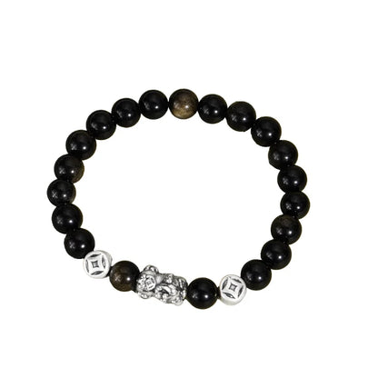 Oriental Treasure Chinese Pi Xiu Bracelet Wealth Accumulation Natural Black Obsidian Bracelet 999 Sterling Silver Protection Adjustable Bracelet for Men/Dad/Boys