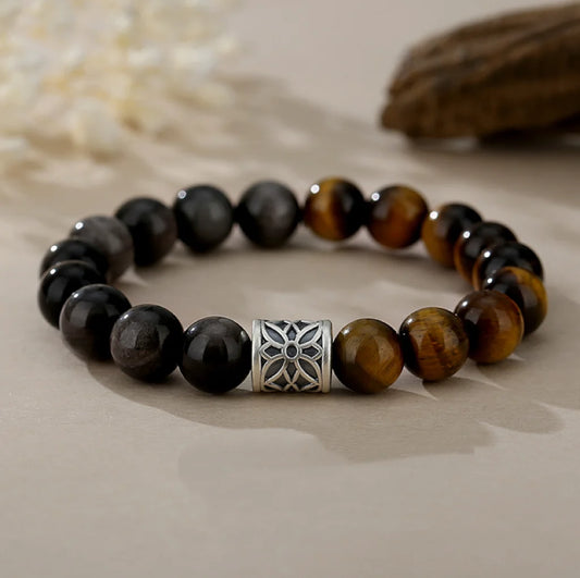 Oriental Treasure Natural Tiger's Eye Bracelet Wealth Magnetism Black Obsidian Bracelet Courage & Strength 999 Sterling Silver Adjustable Bracelet for Men/Dad/Boys