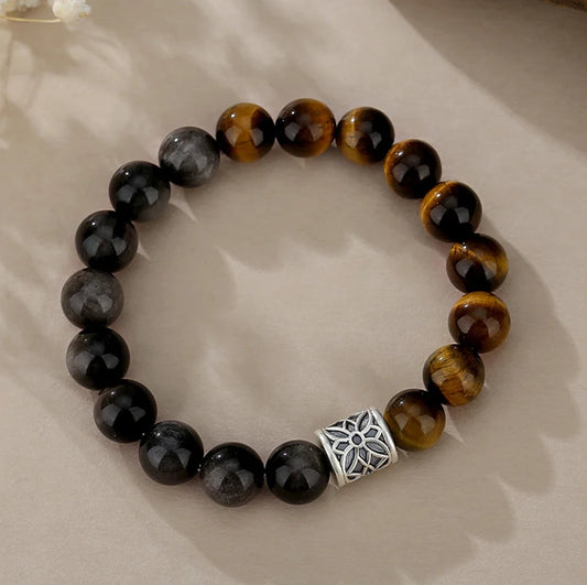 Oriental Treasure Natural Tiger's Eye Bracelet Wealth Magnetism Black Obsidian Bracelet Courage & Strength 999 Sterling Silver Adjustable Bracelet for Men/Dad/Boys
