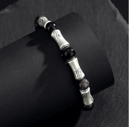 Oriental Treasure Chinese Bamboo Bracelet Wealth Accumulation Natural Black Obsidian Bracelet 999 Sterling Silver Protection Adjustable Bracelet for Men/Dad/Boys