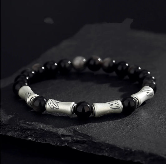 Oriental Treasure Chinese Bamboo Bracelet Wealth Accumulation Natural Black Obsidian Bracelet 999 Sterling Silver Protection Adjustable Bracelet for Men/Dad/Boys