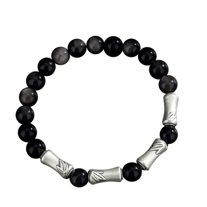 Oriental Treasure Chinese Bamboo Bracelet Wealth Accumulation Natural Black Obsidian Bracelet 999 Sterling Silver Protection Adjustable Bracelet for Men/Dad/Boys