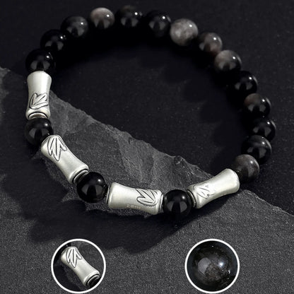 Oriental Treasure Chinese Bamboo Bracelet Wealth Accumulation Natural Black Obsidian Bracelet 999 Sterling Silver Protection Adjustable Bracelet for Men/Dad/Boys