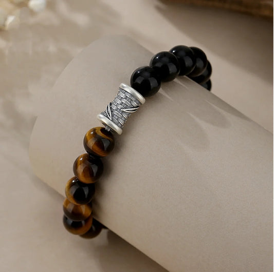 Oriental Treasure Chinesisches Bambus-Armband Tigerauge Reichtum-Ansammlung Natürliche schwarze Obsidian-Armband 999 Sterling Silber Schutz Verstellbares Armband für Männer/Väter/Jungen