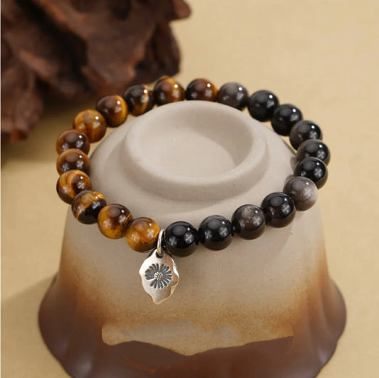 Oriental Treasure Natural Tiger's Eye Bracelet Wealth Magnetism Black Obsidian Bracelet Emotional Cleanser 925 Sterling Silver Adjustable Bracelet for Men/Dad/Boys
