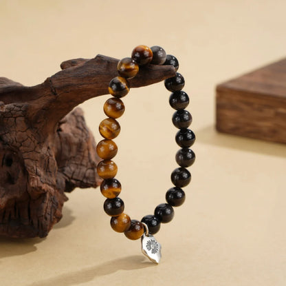 Oriental Treasure Natural Tiger's Eye Bracelet Wealth Magnetism Black Obsidian Bracelet Emotional Cleanser 925 Sterling Silver Adjustable Bracelet for Men/Dad/Boys