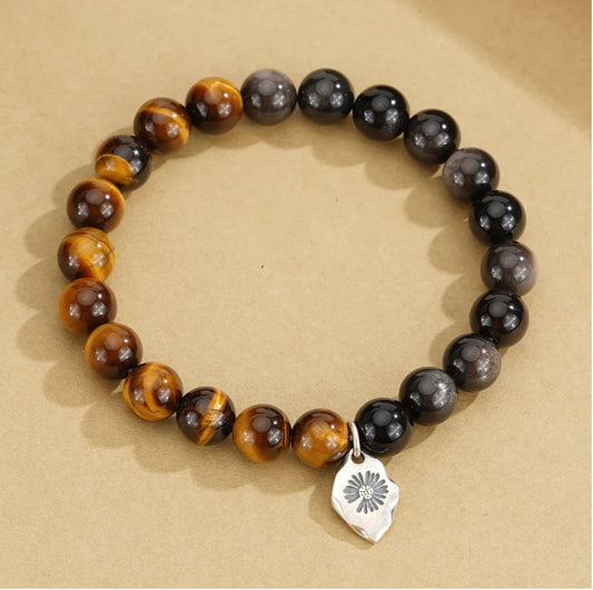 Oriental Treasure Natural Tiger's Eye Bracelet Wealth Magnetism Black Obsidian Bracelet Emotional Cleanser 925 Sterling Silver Adjustable Bracelet for Men/Dad/Boys