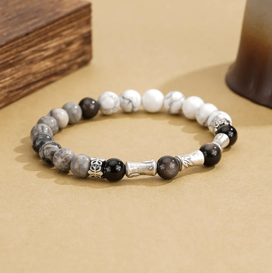 Oriental Treasure Chinesisches Bambus-Armband Ausdauer Natürlicher Schwarzer Obsidian Armband 999 Sterling Silber Schutz Verstellbares Armband für Männer/Vater/Junge