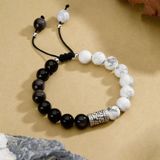 Oriental Treasure Chinese Auspicious Clouds Bracelet Natural Black Obsidian Bracelet 999 Sterling Silver Protection Adjustable Bracelet for Men/Dad/Boy