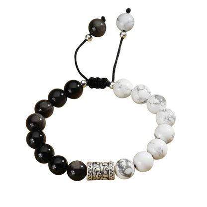 Oriental Treasure Chinesische Glückswolken Armband Natürlicher Schwarzer Obsidian Armband 999 Sterling Silber Schutz Verstellbares Armband für Männer/Vater/Junge
