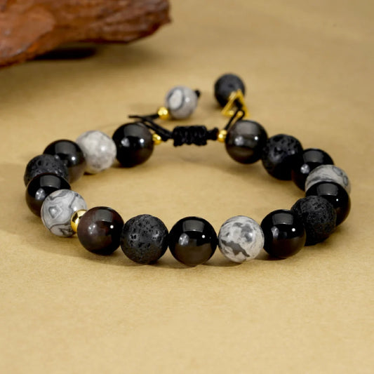 Oriental Treasure Natural Black Obsidian Bracelet Volcanic stone Bracelet Adjustable for Men/Dad/Boy