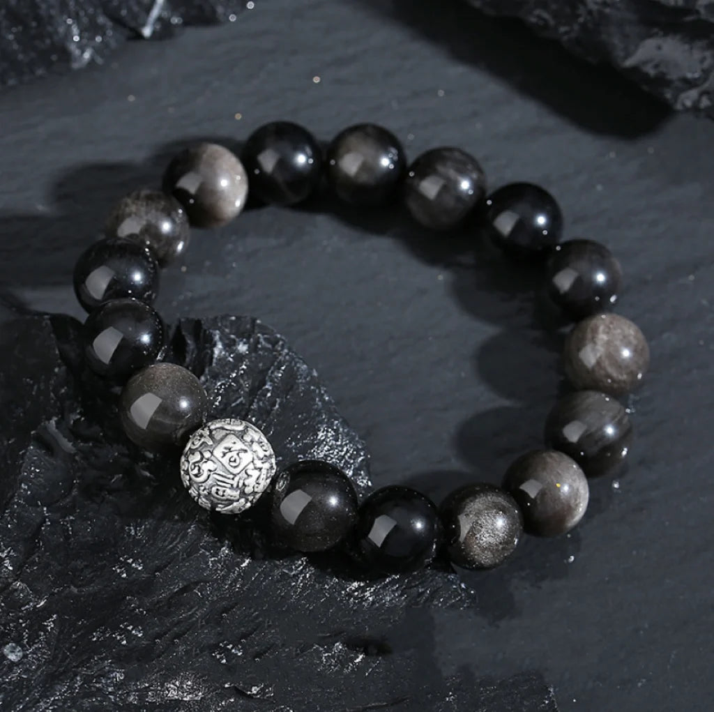 Oriental Treasure Character "Fu" (福) Bracelet Natural Black Obsidian Bracelet 999 Sterling Silver Protection Adjustable Bracelet for Men/Dad/Boys