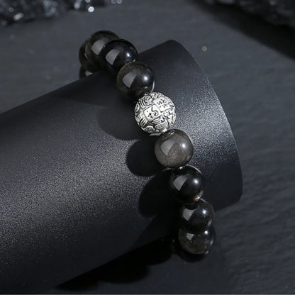 Oriental Treasure Character "Fu" (福) Bracelet Natural Black Obsidian Bracelet 999 Sterling Silver Protection Adjustable Bracelet for Men/Dad/Boys