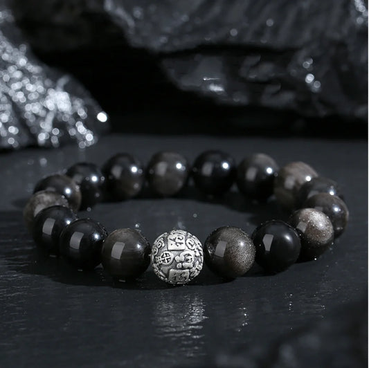Oriental Treasure Character "Fu" (福) Bracelet Natural Black Obsidian Bracelet 999 Sterling Silver Protection Adjustable Bracelet for Men/Dad/Boys