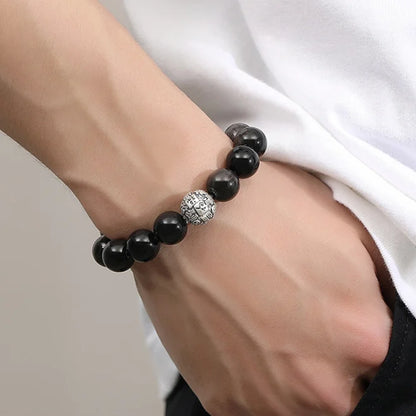 Oriental Treasure Character "Fu" (福) Bracelet Natural Black Obsidian Bracelet 999 Sterling Silver Protection Adjustable Bracelet for Men/Dad/Boys