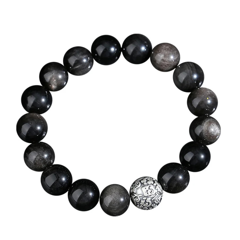 Oriental Treasure Character "Fu" (福) Bracelet Natural Black Obsidian Bracelet 999 Sterling Silver Protection Adjustable Bracelet for Men/Dad/Boys