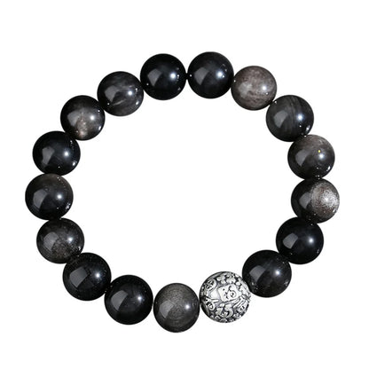 Oriental Treasure Character "Fu" (福) Bracelet Natural Black Obsidian Bracelet 999 Sterling Silver Protection Adjustable Bracelet for Men/Dad/Boys