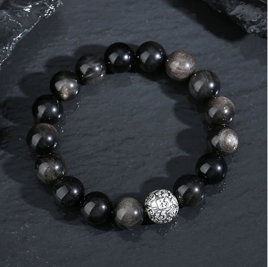 Oriental Treasure Character "Fu" (福) Bracelet Natural Black Obsidian Bracelet 999 Sterling Silver Protection Adjustable Bracelet for Men/Dad/Boys