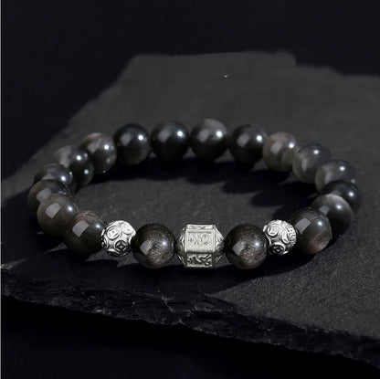 Oriental Treasure Six-Syllable Mantra Bracelet Purification Natural Black Obsidian Bracelet 999 Sterling Silver Protection Adjustable Bracelet for Men/Dad/Boys