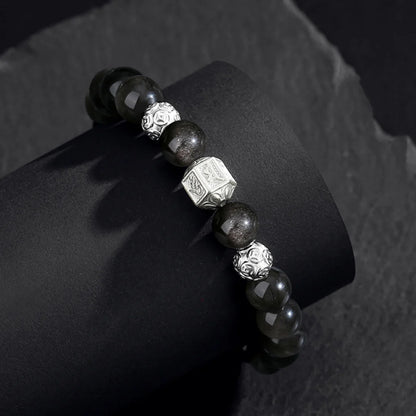 Oriental Treasure Six-Syllable Mantra Bracelet Purification Natural Black Obsidian Bracelet 999 Sterling Silver Protection Adjustable Bracelet for Men/Dad/Boys
