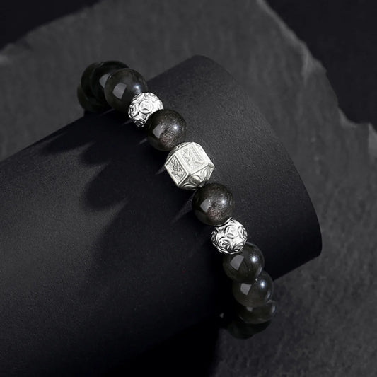 Bracelet Mantra à Six Syllabes Trésor Oriental Purification Naturel Bracelet d'Obsidienne Noire 999 Argent Massif Protection Bracelet Réglable pour Homme/Papa/Garçons