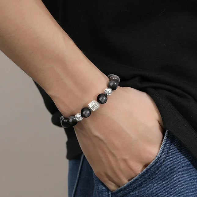 Oriental Treasure Six-Syllable Mantra Bracelet Purification Natural Black Obsidian Bracelet 999 Sterling Silver Protection Adjustable Bracelet for Men/Dad/Boys