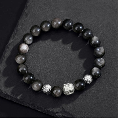 Oriental Treasure Six-Syllable Mantra Bracelet Purification Natural Black Obsidian Bracelet 999 Sterling Silver Protection Adjustable Bracelet for Men/Dad/Boys