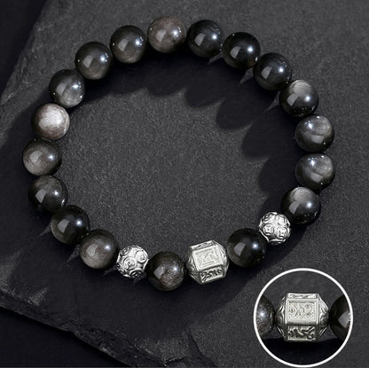 Oriental Treasure Six-Syllable Mantra Bracelet Purification Natural Black Obsidian Bracelet 999 Sterling Silver Protection Adjustable Bracelet for Men/Dad/Boys