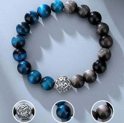 Oriental Treasure Six-Syllable Mantra Bracelet Purification Blue Tiger's Eye Natural Black Obsidian Bracelet 999 Sterling Silver Adjustable Bracelet for Men/Dad/Boys
