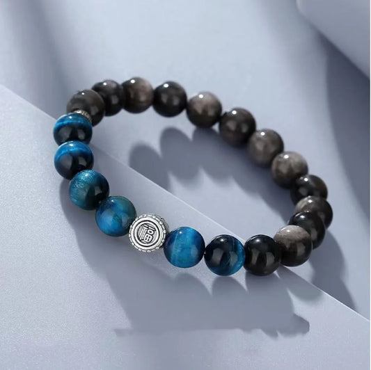 Oriental Treasure Character "Fu" (福) Bracelet Purification Blue Tiger's Eye Natural Black Obsidian Bracelet 999 Sterling Silver Adjustable Bracelet for Men/Dad/Boy