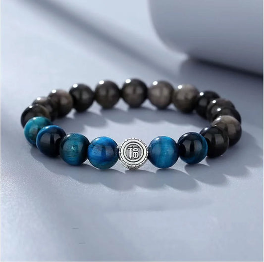 Oriental Treasure Character "Fu" (福) Bracelet Purification Blue Tiger's Eye Natural Black Obsidian Bracelet 999 Sterling Silver Adjustable Bracelet for Men/Dad/Boy