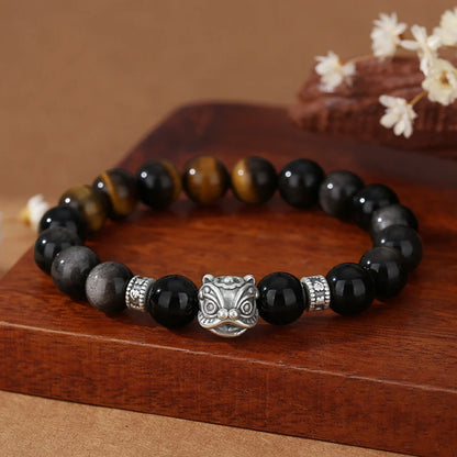 Oriental Treasure Chinese Awakening Lion Dance Bracelet Business Prosperity Tiger's Eye Natural Black Obsidian Bracelet 999 Sterling Silver Adjustable Bracelet for Men/Dad/Boy