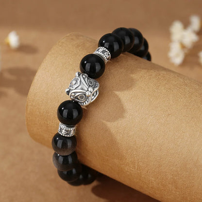 Oriental Treasure Chinese Awakening Lion Dance Bracelet Business Prosperity Tiger's Eye Natural Black Obsidian Bracelet 999 Sterling Silver Adjustable Bracelet for Men/Dad/Boy