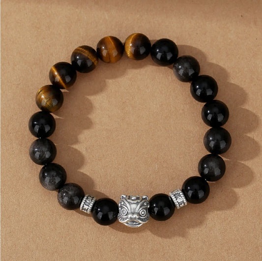 Bracelet Chinois Réveil du Lion de la Danse Orientale Trésor Prospérité des Affaires Œil de Tigre Obsidienne Noire Naturelle Bracelet en Argent Sterling 999 Réglable pour Homme/Papa/Garçon