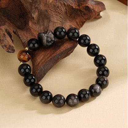 Oriental Treasure Chinese Awakening Lion Dance Bracelet Business Prosperity Tiger's Eye Natural Black Obsidian Bracelet 925 Sterling Silver Adjustable Bracelet for Men/Dad/Boy