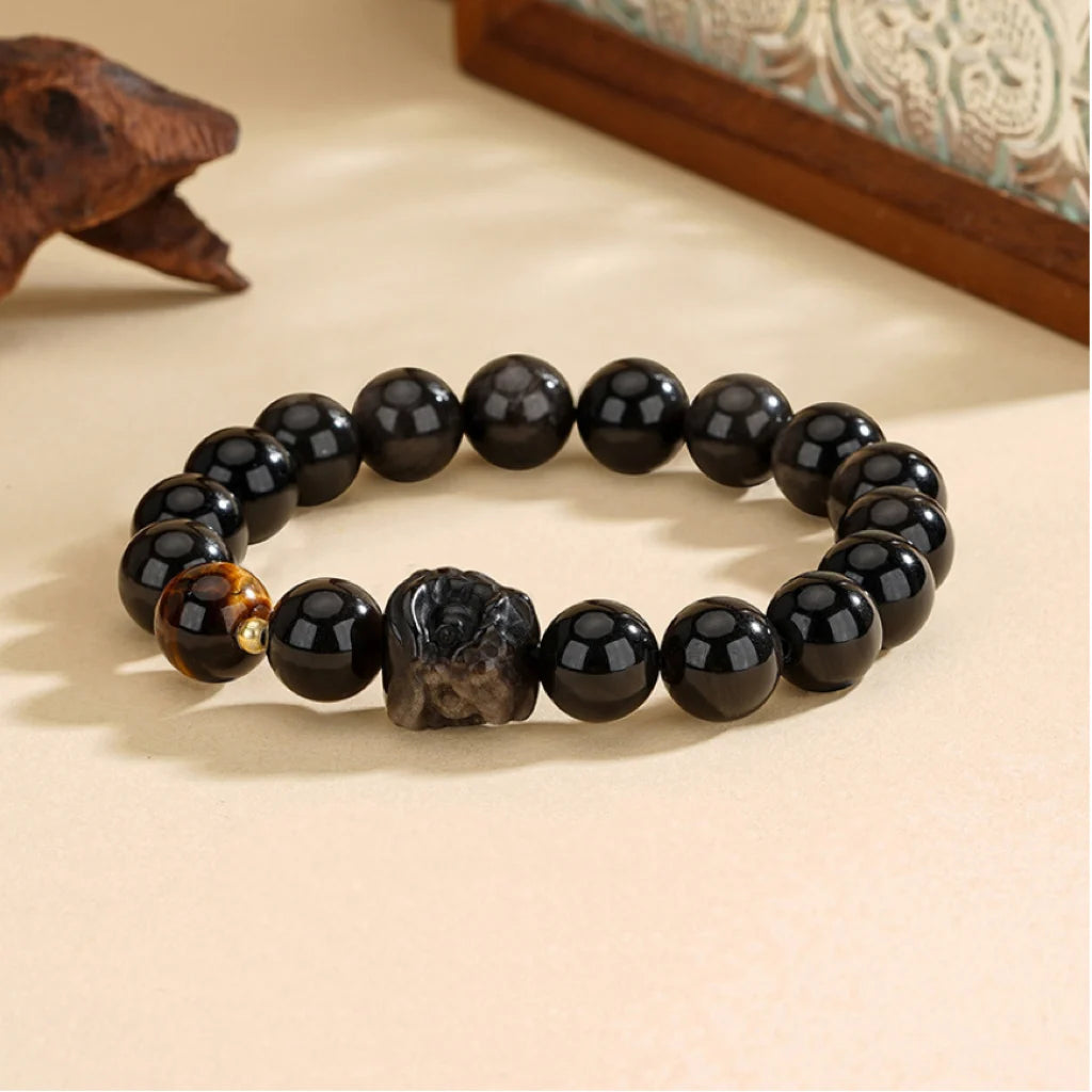 Oriental Treasure Chinese Awakening Lion Dance Bracelet Business Prosperity Tiger's Eye Natural Black Obsidian Bracelet 925 Sterling Silver Adjustable Bracelet for Men/Dad/Boy