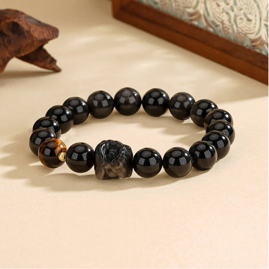 Bracelet Chinois Réveil du Lion de la Danse Orientale Trésor Prospérité des Affaires Œil de Tigre Obsidienne Noire Naturelle Bracelet en Argent Sterling 925 Réglable pour Homme/Papa/Garçon