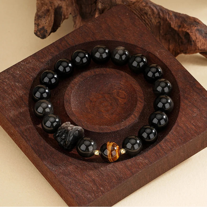 Oriental Treasure Chinese Awakening Lion Dance Bracelet Business Prosperity Tiger's Eye Natural Black Obsidian Bracelet 925 Sterling Silver Adjustable Bracelet for Men/Dad/Boy