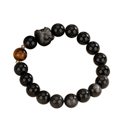 Oriental Treasure Chinese Awakening Lion Dance Bracelet Business Prosperity Tiger's Eye Natural Black Obsidian Bracelet 925 Sterling Silver Adjustable Bracelet for Men/Dad/Boy