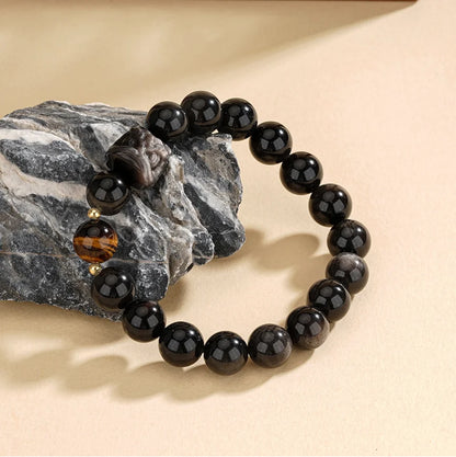 Oriental Treasure Chinese Awakening Lion Dance Bracelet Business Prosperity Tiger's Eye Natural Black Obsidian Bracelet 925 Sterling Silver Adjustable Bracelet for Men/Dad/Boy