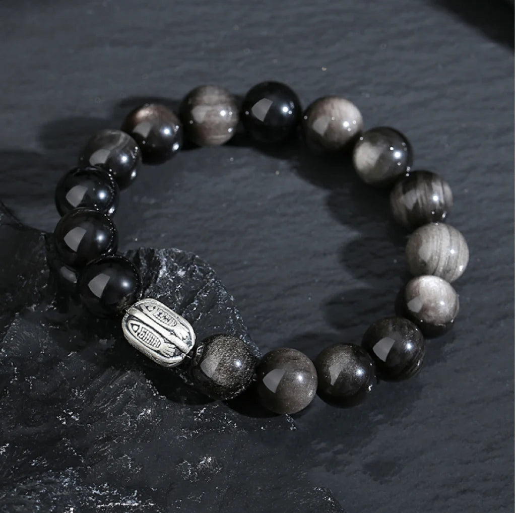 Oriental Treasure Chinese KOI FISH Bracelet Natural Black Obsidian Bracelet Good Luck 999 Sterling Silver Adjustable Bracelet for Men/Dad/Boy