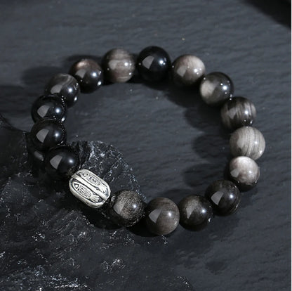 Oriental Treasure Chinese KOI FISH Bracelet Natural Black Obsidian Bracelet Good Luck 999 Sterling Silver Adjustable Bracelet for Men/Dad/Boy