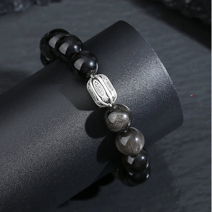 Oriental Treasure Chinese KOI FISH Bracelet Natural Black Obsidian Bracelet Good Luck 999 Sterling Silver Adjustable Bracelet for Men/Dad/Boy